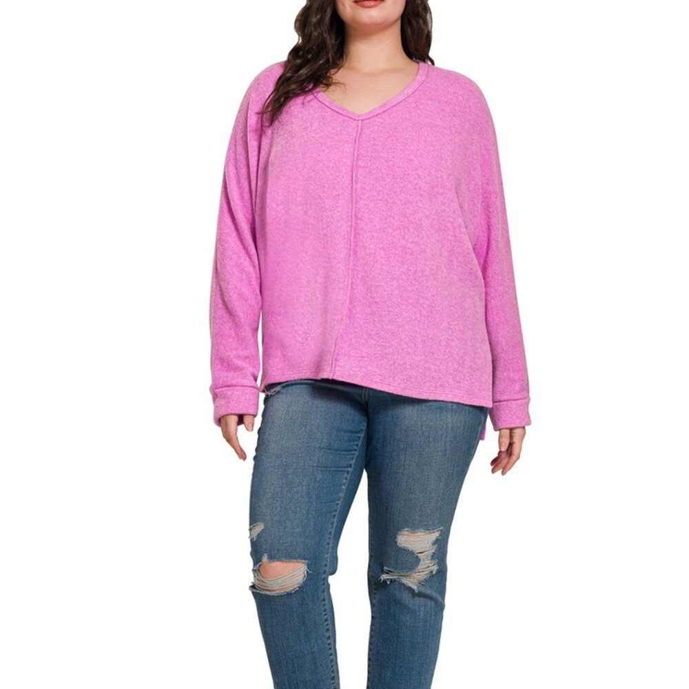 7. PLUS BRUSHED HACCI EXPOSED SEAM HI LOW SWEATER